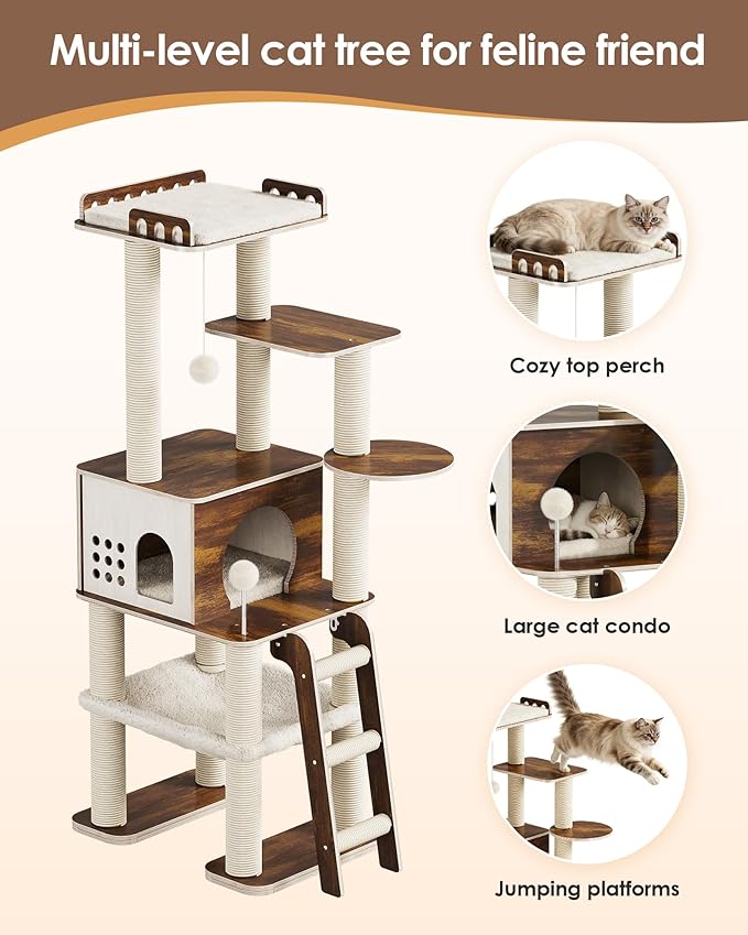 Modern Cat Tower, 60.3 Inches Multi-Level Cat Tree with Dark Wood-Look Panels, Sisal Scratching Posts, Hammock & Plush Perch, Safe for Kittens to Adult Cats