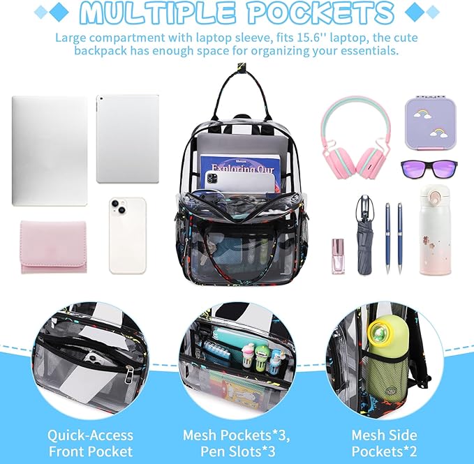 MOONBABY Small Clear Backpack for School Transparent Bookbag for Kids Heavy Duty PVC See Through Backpack Stadium Approved