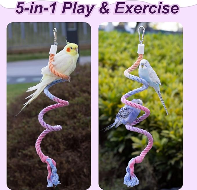 31.5" Bendable Bird Perch Cotton Rope Rainbow Bird Toy Twistable Ladder Swing Chewable Gym for Parakeets Cockatiels Conures Lovebirds