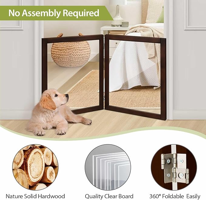 LZRS Clear Dog Gate for Indoor Use - Transparent Pet Fence with Solid Hardwood and Plastic Board, Stylish & Durable freestanding Pet Gate for Doorways, Stairs and Hallways-2 Panel Brown