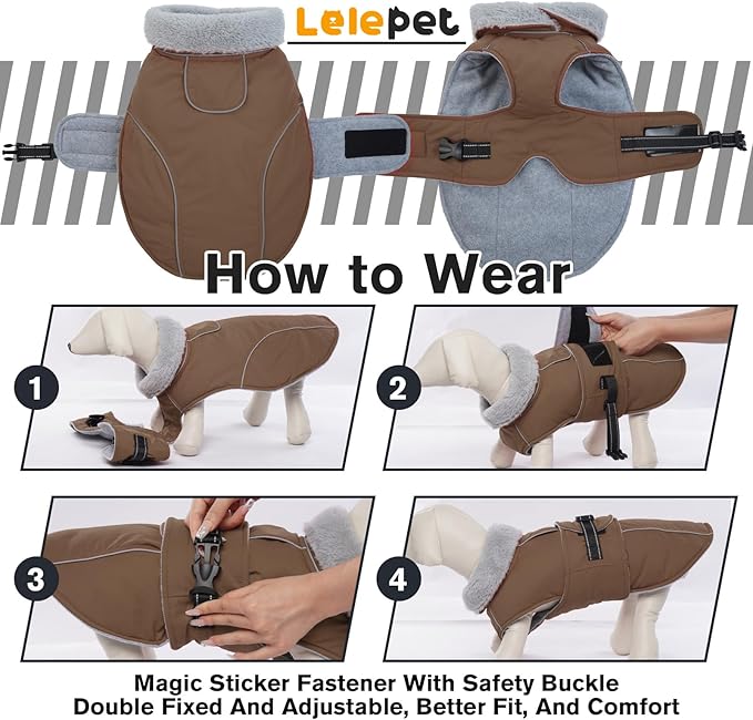 Lelepet Warm Dog Coats for Medium Dogs Waterproof Dog Jacket Reflective Pet Fleece Vest Windproof Cold Weather Coats with Adjustable Buckle & Leash Hole, Brown, M