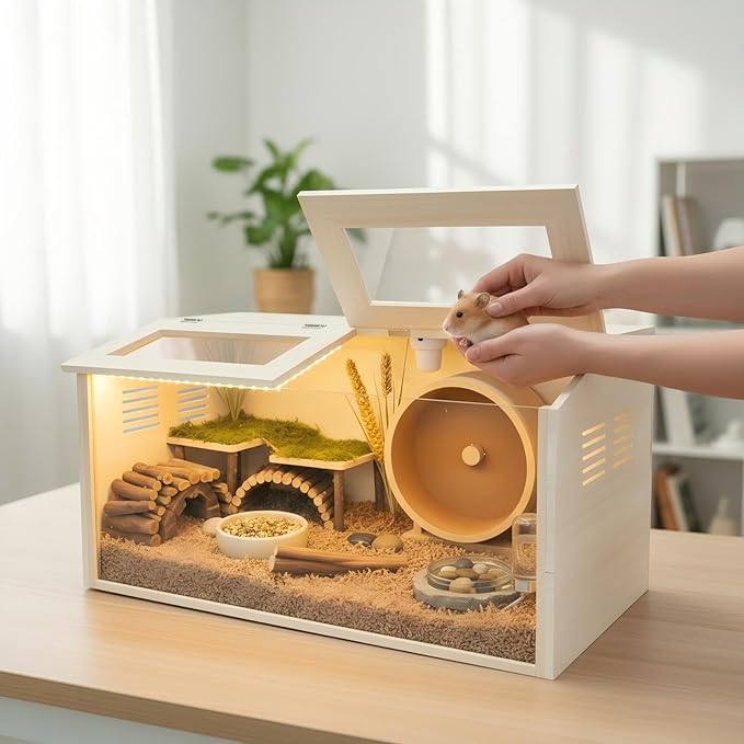 Wooden Hamster Cage Chewproof, Large Hamster Cages and Habitats, Small Animal Habitat with with Double Openable Acrylic Sheet Doors for Gerbil, Degus Mice, Guinea Pig, Rat& Other Small Pets（31.5in）