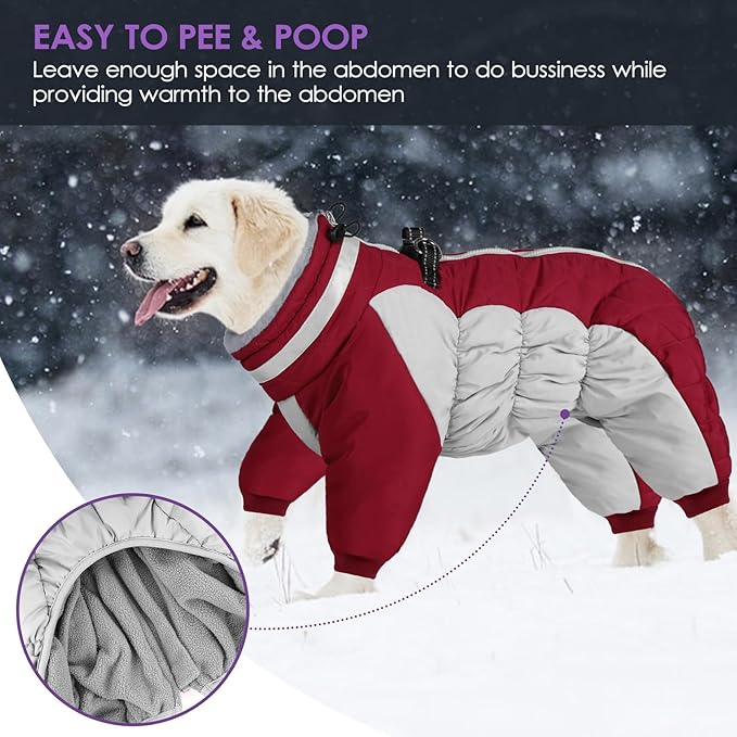 Full Body Dog Coat - Warm Fleece Jacket for Small Dogs, Turtleneck Winter Coats with Harness, Reflective Dog Snowsuit Windproof Puffer Jackets with Legs for Pug, Jack Russel, Burgundy S