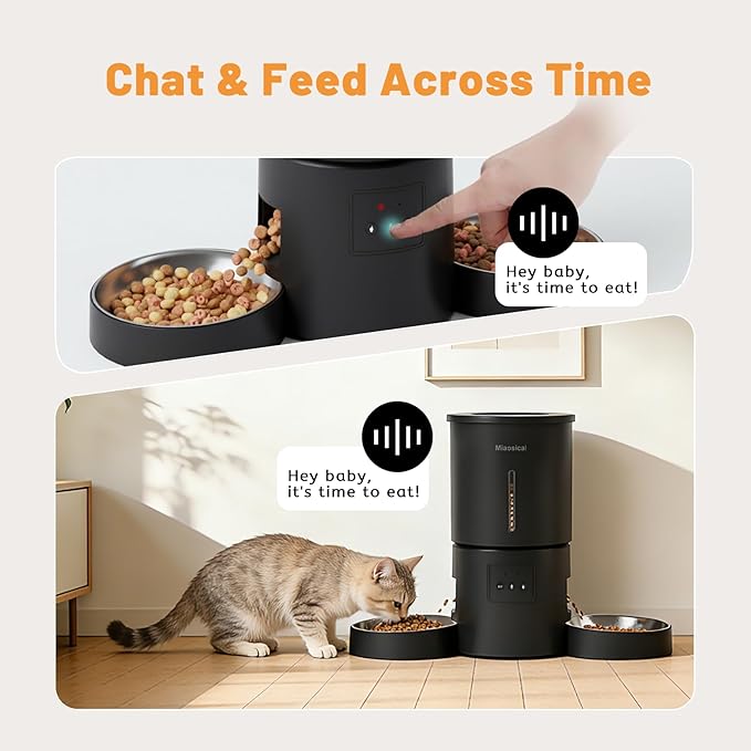 Miaosical Automatic Cat Feeder 2 Cats,2.4G WiFi Timed Auto Cat Food Dispenser with Dual Bowls,4.2L Smart App Control,Equal Portion Feeding for Multiple Cats (Black, 4.2L WiFi Dual Bowl)