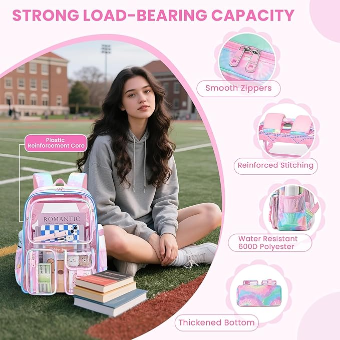 MUSEVOS Clear Backpack for School, Heavy Duty Clear Bookbag for Girls Boys Transparent Backpack with Badge Holder, Pink Tie-dye