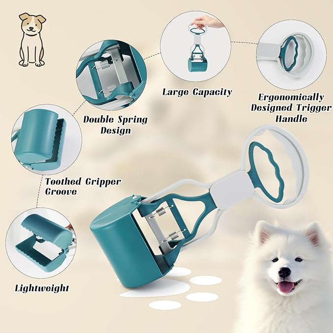 Andiker Dog Pooper Scooper with Short Handle, 10.23" Tall Dual-Spring Pet Pooper Scooper with 1 Roll of Dog Poop Bag and a Dispenser Easy to Use Dog Poop Scooper for Yard Picking Waste Up (Purple)