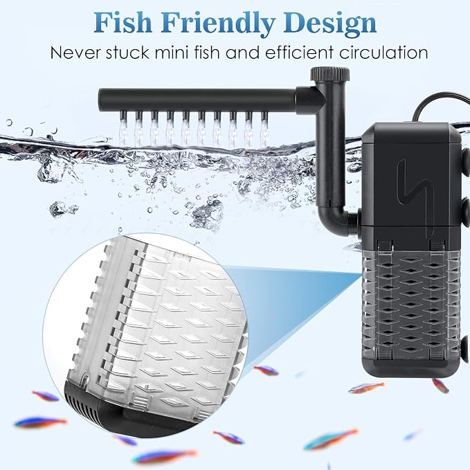 AQQA Submersible Aquarium Filter, Adjustable Flow with Aeration System | Ultra Quiet, Biochemical Sponge Filtration, Fish Tank Filter Built-in Rainfall Aerator, Fits Tanks Up to 50 Gallon,158GPH