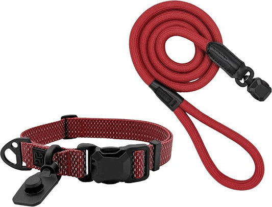 Quick Clip Dog Collar & Rope Leash Set, Red Small – Magnetic Buckle, Reflective