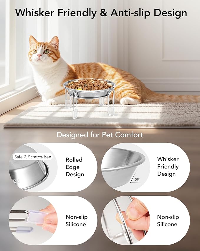 Elevated cat Bowl, 6.3" Wide Raised Stainless Steel Cat Food and Water Dishes, Small Dog Bowl, Whisker Friendly, Anti-Vomiting, Neck Stress-Free, Non-Slip Stainless Steel Stand with 4 Legs- 2Pack