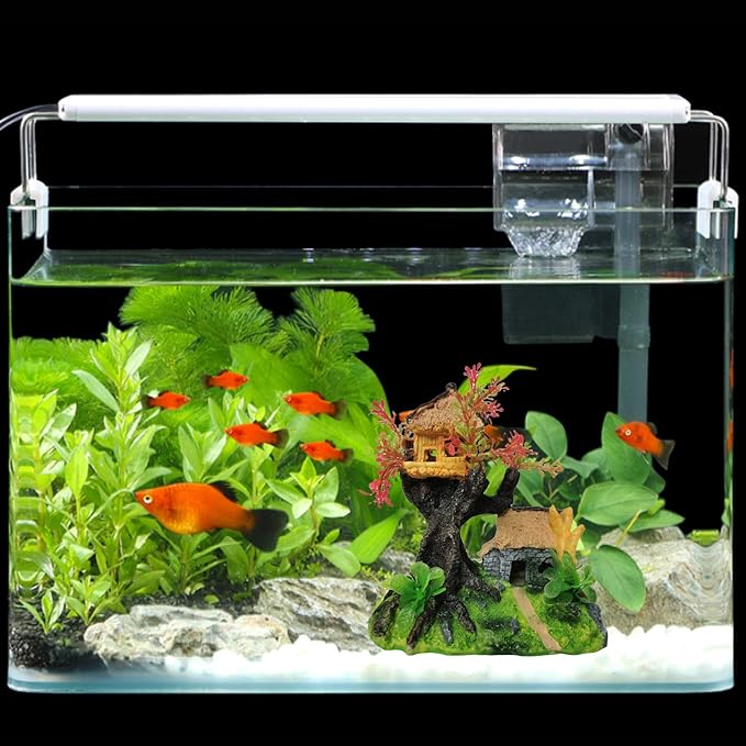 Hamiledyi 4PCS Aquarium Decoration, Fish Tank Artificial Resin Castle Ornaments, Betta Tank Landscape Decorations with Plastic Plants for Shrimp Fish Climbing Hiding