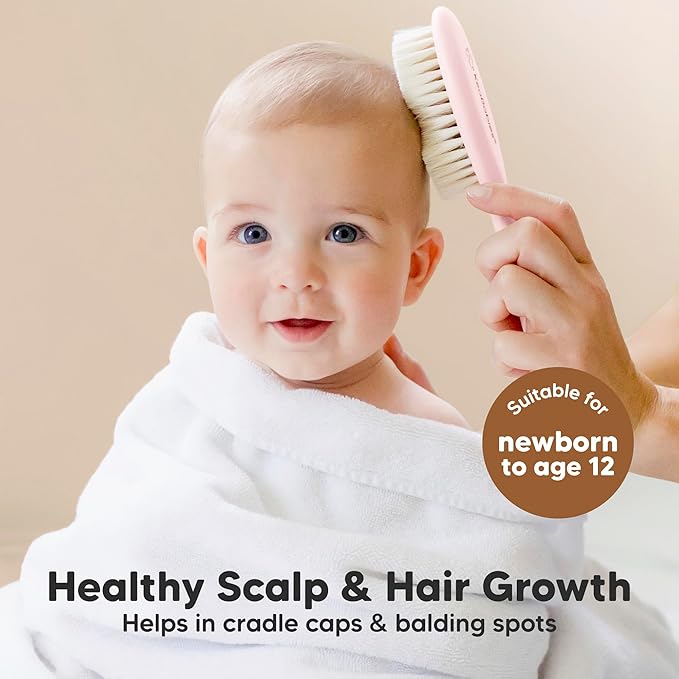Baby Hair Brush Set for Newborns - Soft Goat Bristle Wooden Baby Brush and Comb Set Newborn Grooming Kit for Cradle Cap, Durable & Gentle, Boy, Girl Infant Essentials Care Kit (Regular, Blush)
