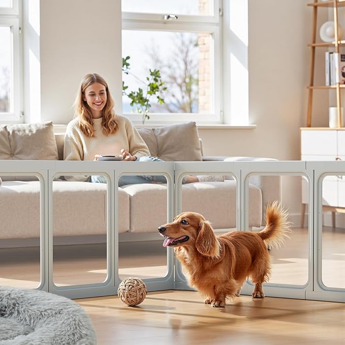 Clear Acrylic Dog Playpen - 50 x 33.4 Inch, 24" H 10 Planes Transparent Dog Fence Indoor, Sturdy Pet Pen for Puppy/Small Dog/Rabbit/Pig, Easy Assemble & Cleaning Plastic Whelping Box Enclosure, Grey