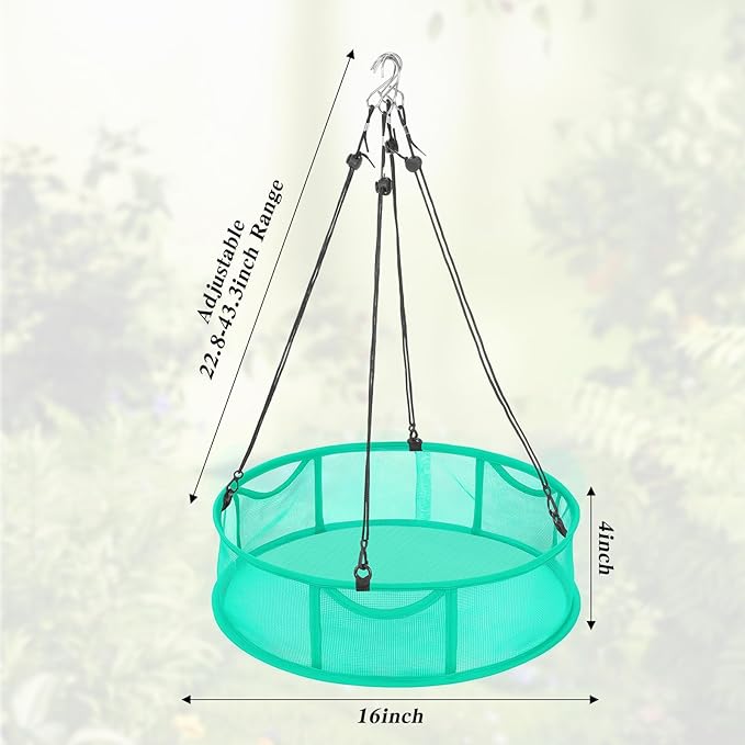 2 Pcs Bird Seed Catcher Trays, 16 Inch Green Spill Guard Platform for Hanging Feeders, Windproof Mesh Seed Hoop with Hooks, Outdoor Feeder Accessory