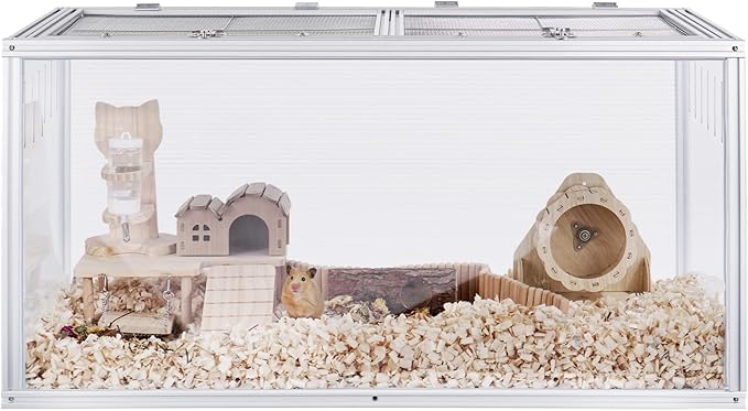 Large Hamster Cage, 40 x 20 x 20 in Chew-Proof Metal Frame, Clear Acrylic with Vent Holes, Hinged Top with Stainless-Steel Mesh — Hamster Enclosure