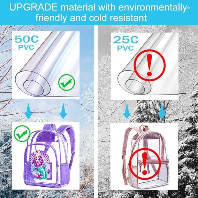 AGSDON 3PCS Clear Backpack for Girls, Kids Mermaid Transparent Bookbag Heavy Duty, Cute See Through Backpacks with Lunch Bag - Purple