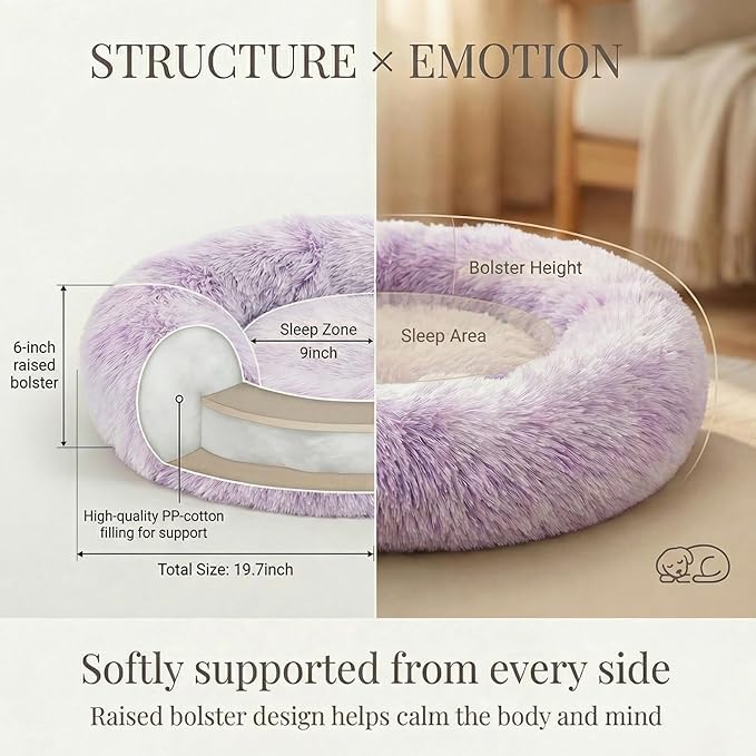 Calming Donut Dogs Beds for Small Dogs Washable,19inch Fluffy Round Puppy Bed for Puppies,Cats & Toy Breeds with Raised Rim,Fits up to 15 lbs Pets,Gradient Purple