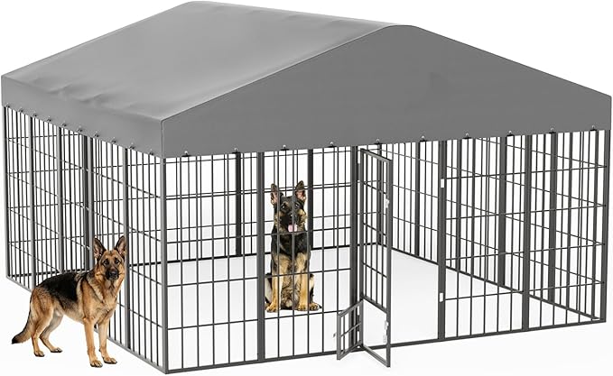 Gotland Dog Kennel Outdoor 10 x10 x6 FT, Dog Cage Outdoor for Medium/Large Dogs with Feeding Door Waterproof Roof Double Secure Locks Ground Spikes, All Weather Heavy Duty Dog Enclosure for Backyard