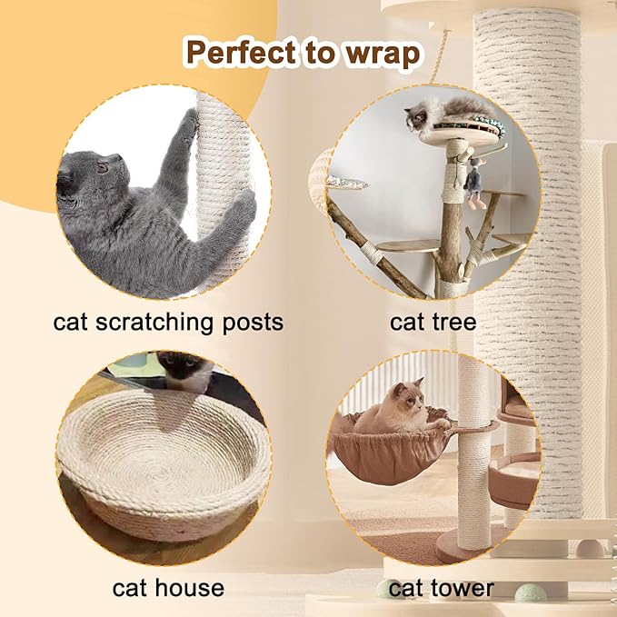 Sisal Rope for Cat Scratcher, Cymuber 6mm Cat Sisal Rope for Replace Scratching Post and Scratcher Repair, DIY Hemp Twine for Tree Tower Carpet Mat Kicker House Pet Toy and Crafts(164-Feet/50M)