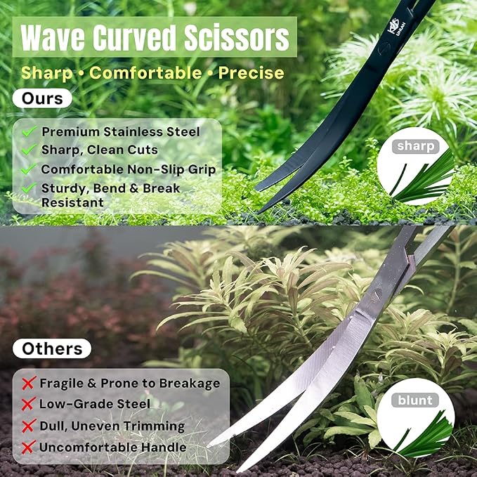 LINLAN 9.8-Inch Aquarium Aquascaping Tool Kit, Fully Rounded Edges Curved Scissors and Tweezers, Mirror Polished, for Aquatic Plant Planting, Layering Shaping & Daily Maintenance
