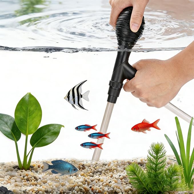 Aquarium Gravel Vacuum, 6.5Ft Hose, Adjustable Manual Siphon for Tanks | 2-in-1 fish tank gravel vacuum w/ brush, 6.5Ft hose, manual siphon, no power needed.