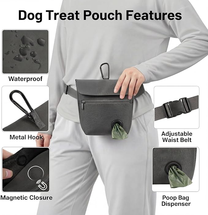 Dog Treat Pouch and Dog Training Clicker, Treat Bag with Poop Bag Dispenser, Powerful Magenetic Clasp, Metal Clip Waist Belt Fanny Pack for Pet Walk Dog Training (Dark Grey)