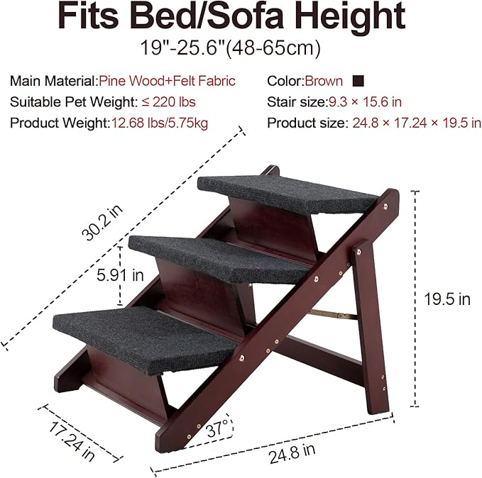MEWANG Wooden Pet Stairs/Pet Steps - 3-in-1 Foldable Stairs & Ramp for Beds and Cars - Portable Dog/Cat Ladder Up to 220 Pounds - Great for Small and Older Animals(Brown) (24.8" L x 17.2" W x 19.5" H)