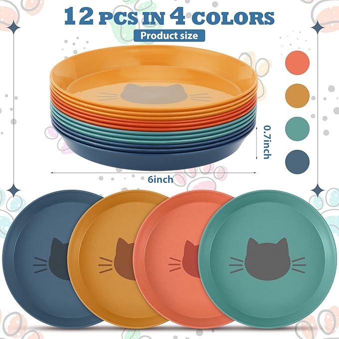 Gerrii 12 Pieces Beard Fatigue Relief Cat Bowl 6 Inch Round Shallow Cat Food Dish Wet Feeding Bowls Wide and Small Pet Dish for Kittens and Short Legged Kitten, Wheat Straw(Vintage Colors,Cute)