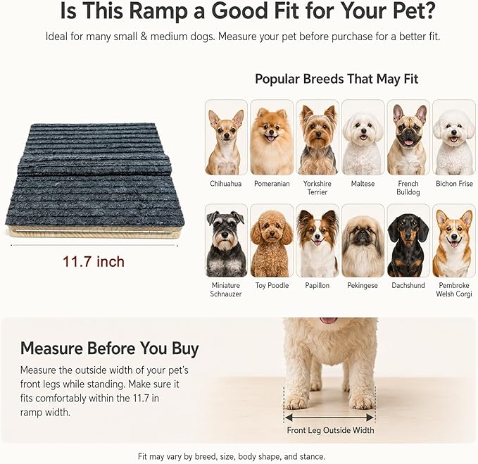 4 Pack Dog Ramp for Stairs – Solid Wood Adjustable & Foldable, 4 Heights, Non-Slip Silicone Base, Traction Felt, Raised Pause Strip, 35lb for Small & Senior Dogs