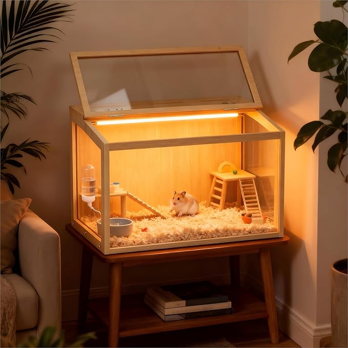 Hamster Cage: Wooden Small Animal Cage with Warm Light - 24inch Clear Chewy Proof Hamster House with Openable Breathable Top