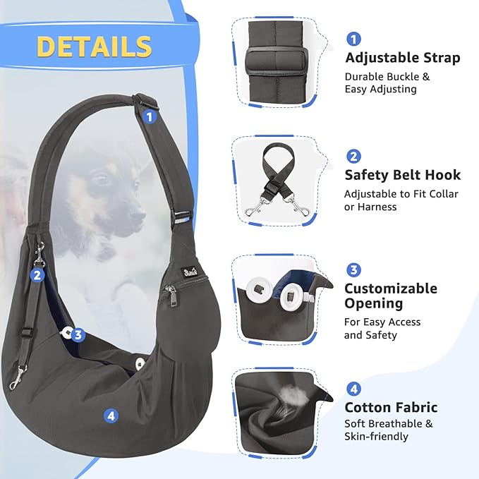 SlowTon Dog Carrier Sling - Thick Padded Shoulder Strap Adjustable Dog Carriers for Small Dogs, Puppy Carrier Purse for Pet Cat with Front Zipper Pocket Safety Belt Machine Washable (Grey S)