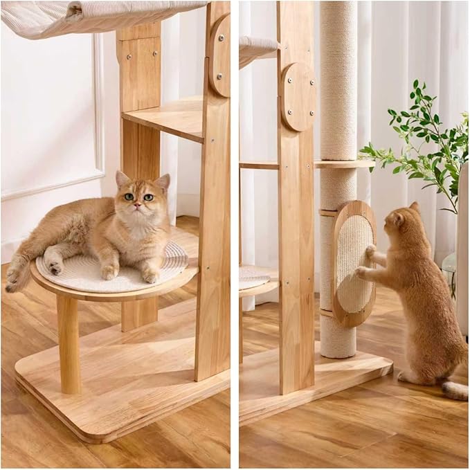 SHENGOCASE 72-Inch Modern Cat Tree Tower Condo for Large Cat, Natural Rubber Wood, Multi-Level Ladder with Hammock, Sisal Scratching Post, Large Perch Platform