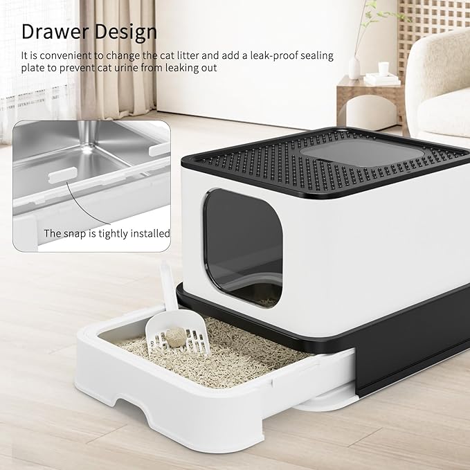 RIZZARI Stainless Steel Cat Box: Large Leak-Proof Enclosed Odor-Free Design with High Walls - XXL Black - Teflon Non-Stick Coating & Easy-Clean Drawer - for Living Room Garage