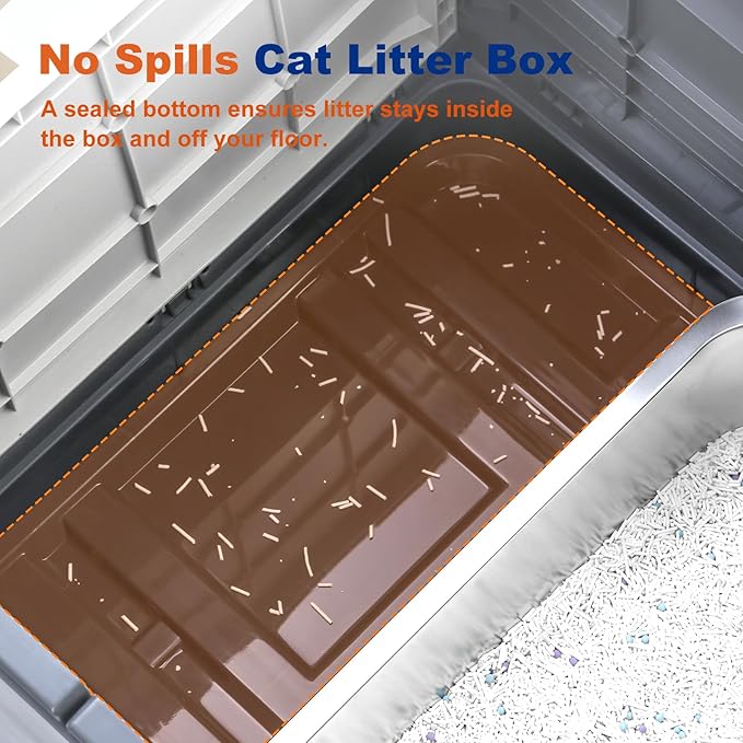Marchul Stainless Steel Cat Litter Box with Lid & Drawer, Adjustable Front Entry Top Exit Kitty Box, Large Metal Covered Litter Box with Scoop & Litter Mat, Dark Gray
