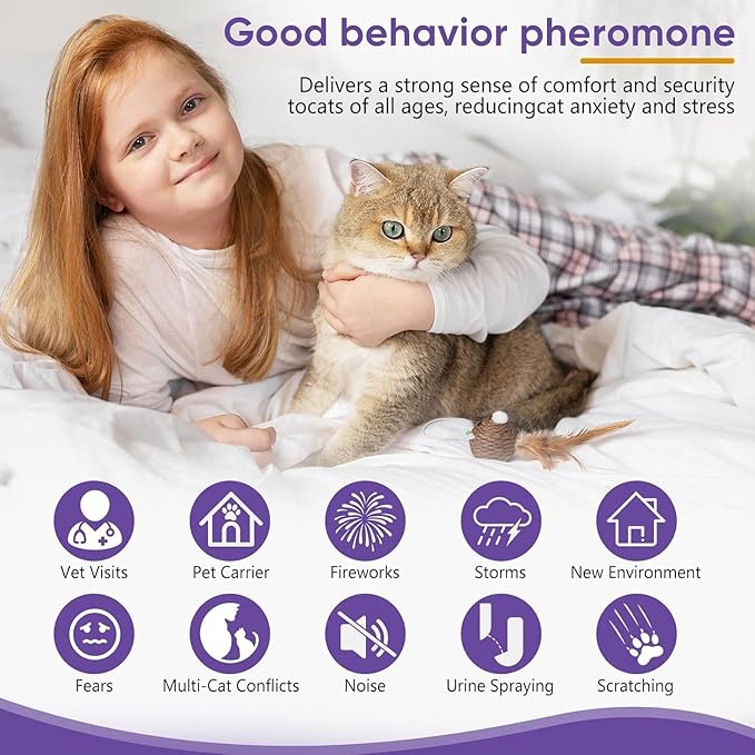 Cat Calming Pheromone Diffuser Kit, Long-Lasting Stress & Anxiety Relief, Reduces Fighting, Spraying & Scratching, Safe & Drug-Free Comfort for All Cats and Kittens 2 Plug-Ins + 4 Refills (48ml Each)