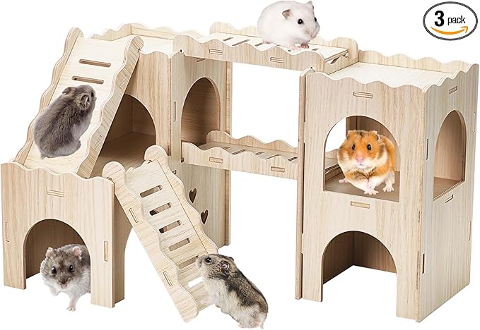 BNOSDM Large 6-in-1 Hamster Playground, Multi-Level Wooden Hamster Houses and Hideouts with Double Slides, Hide Hut for Multiple Dwarf Hamsters, Syrian, Gerbils
