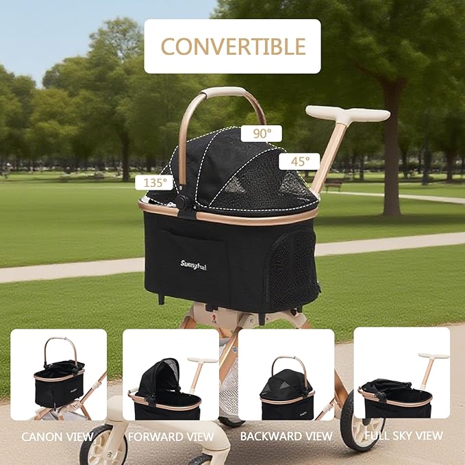 SUNNYFEEL Pet Stroller for Small Dogs and Cats, Aluminum Two-in-one Split, One-Click Foldable Dog Stroller, Holds up to 40 lbs, Storage Basket & Side Bag, Breathable Mesh, Black