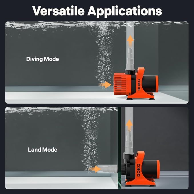 DOKO Submersible Water Pump, 3200GPH Pond Pump with 20FT Power Cord and 21 FT Lift Heigh, 300W Ultra Quiet Fountain Water Pump for Pond, Aquarium, Waterfall, Fish Tank, Hydroponic, Orange Black