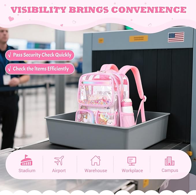 PIG PIG GIRL Clear Backpack for School,Heavy Duty PVC Transparent Bookbag for Girls Stadium Approved See Through Backpack
