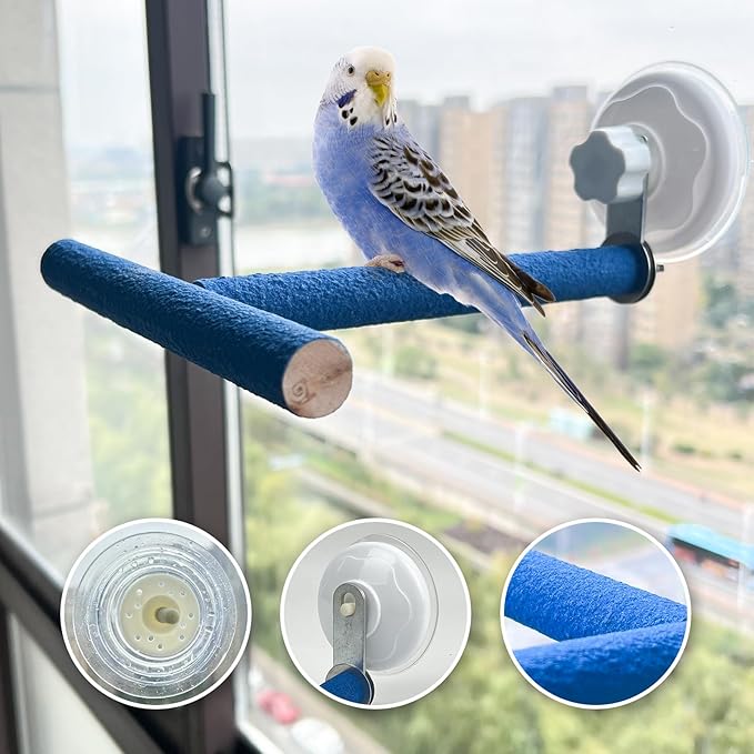 FlidRunest Movable Bird Perch Stand with Suction Cup for Window/Mirror/Car/Shower, Quartz Sands Wood Bird Training Perch Stand for Parrot Parakeet Cockatiel Conure Budgie Lovebird