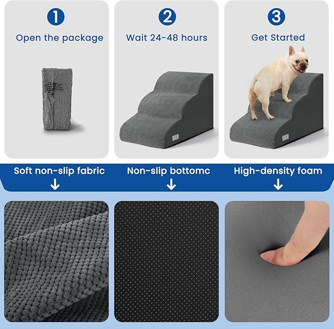Airpanda Dog Stairs for Small Dogs and Cats – 3 Step Pet Ramp for Couch & Sofa, Non-Slip Dog Steps for Pets, Washable Cover, High-Density Support Foam for Easy Climbing,Grey