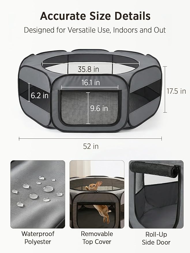UWE Extra Large Small Animal Playpen, XL Portable Pet Playpen for Rabbit, Kitten, Guinea Pig, Hamster, Puppy – Waterproof Foldable Mesh Tent with Zipper Cover, Indoor Outdoor Use, Dark Grey