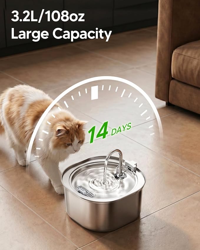 PEKTACO Cat Water Fountain, 3.2L/108oz Stainless Steel Pet Water Fountain for Cats Indoor, Dog Drinking Dispenser Metal Kitty Spout with 6 Filters+ 6 Sponges