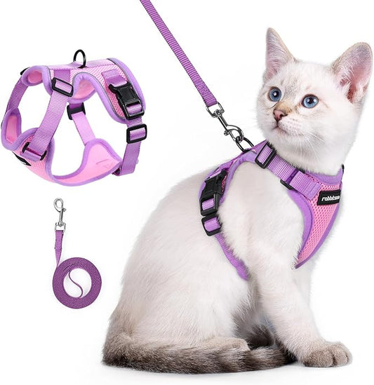 rabbitgoo Cat Harness and Leash Set, Escape Proof Soft Adjustable Vest Harnesses for Outdoor Walking, Easy Control Breathable Kitten Jacket with Reflective Strips, Pink & Purple, XXS
