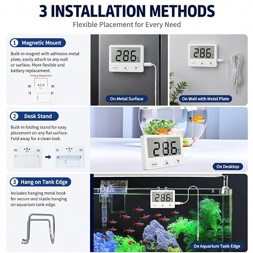 Fish Tank Aquarium Thermometer with Probe, 2.65" Large LCD and Alarm | 4.9 ft Probe, 2-sec Refresh, ±1°F Accuracy, -40℉ to 176℉, High Low Alert, Calibration, °F/°C Switch for Betta Turtle Tank