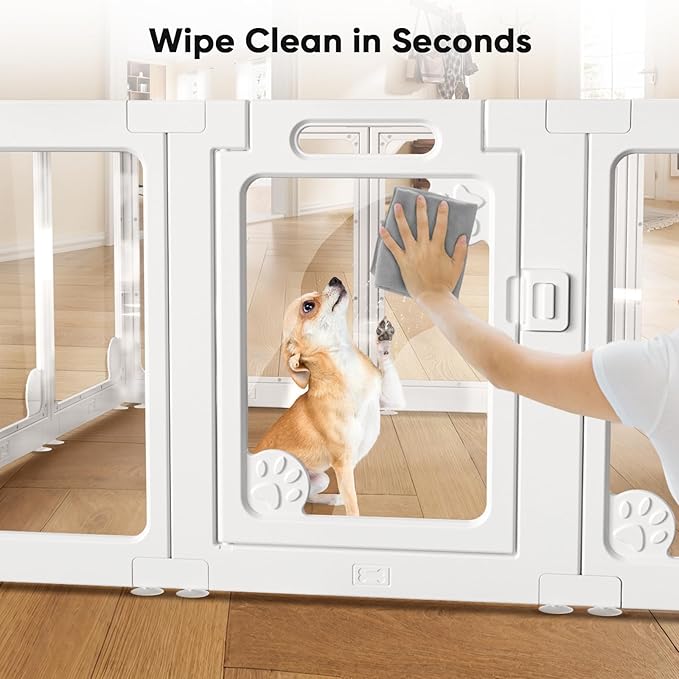 Clear Acrylic Dog Play Pen Indoors 24", 10 Panels Transparent Puppy Playpen with Door for Small Dogs Puppies, Modular Plastic Pet Playpen Cage Fence Crate for Cat Kitten Rabbit, White