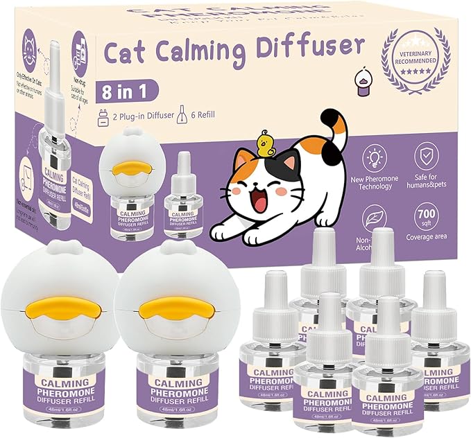 Cat Pheromone Calming Diffuser 8 in 1 Appeasing Pet Pheromones Diffuser to Calm Kit (2 Plug in+ 6 Pack 48ml Refill) for Anxiety