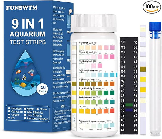 Aquarium Test Strips for Freshwater Fish – 9 in 1 Fish Tank Water Test Strips, Fast & Easy Color Chart for Beginners, Test Ammonia Nitrite Nitrate pH Chlorine Hardness, 50 Strips