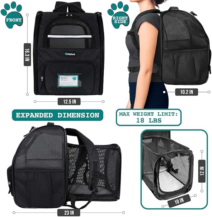PetAmi Expandable Dog Backpack Carrier for Cats & Pets, Breathable Cat Carrier Backpack with Top Window & Multi-Entry, Ventilated Foldable Travel Carrier for Small Medium Pets up to 18 lbs, Black