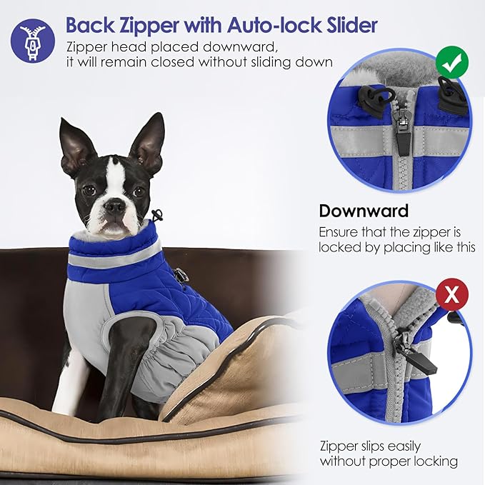 AOFITEE Dog Coat, Warm Dog Winter Coat for Small Dogs, Reflective Turtleneck Dogs Jacket with Harness Built in, Waterproof Windproof Pet Fleece Vest Snow Jacket for Cold Weather, Blue S