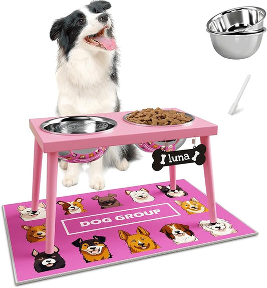 ADENGL Raised Dog Bowl Stand for Large Medium Dogs, Elevated Dog Bowls with Sprill Proof Mat &Two 58OZ Stainless Steel Bowls,Pink